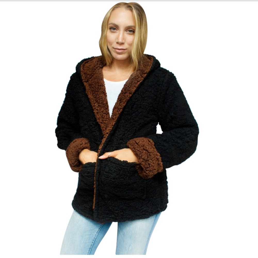 Reversible faux fur Sherpa teddy bear jacket black - Picture 4 of 8